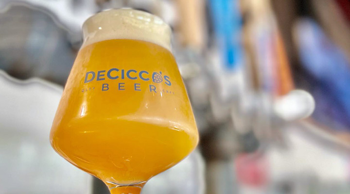 close up of DeCicco's Beer teku glass